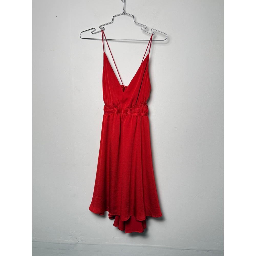 Express Womens Red V-Neck Fit & Flare Mini Dress Size M Tie Back High-Low Hem